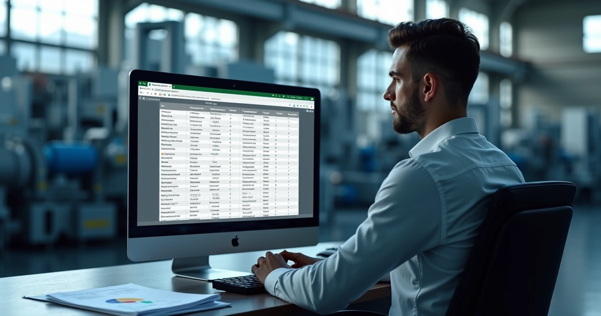 Profissional analisando lista de prospecção B2B em indústria, com planilha de leads no computador e ambiente industrial ao fundo