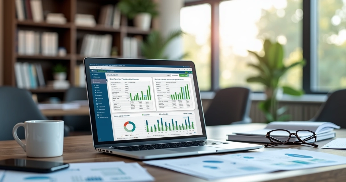 Mesa de escritório com laptop exibindo uma planilha de dados de leads, gráficos financeiros, e documentos impressos ao redor, com ambiente corporativo moderno ao fundo