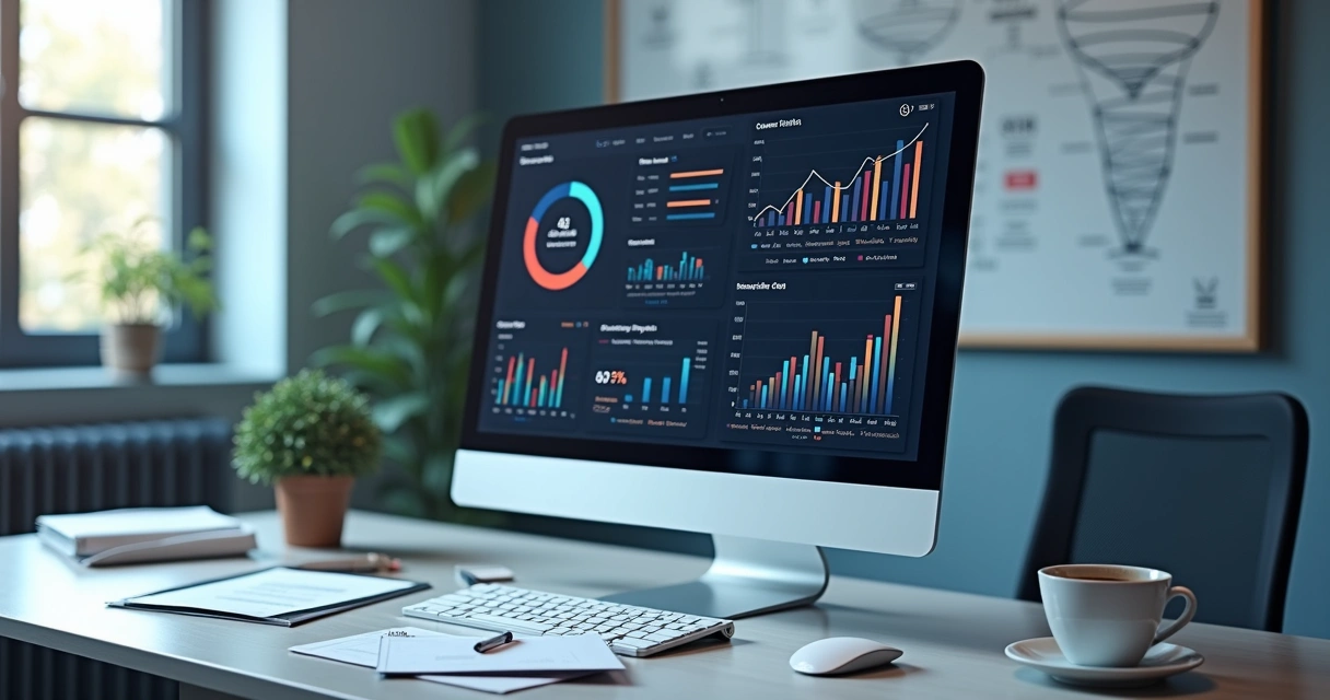 Representação detalhada de otimização de funil de vendas com gráficos e dados digitais atualizados em tela de computador