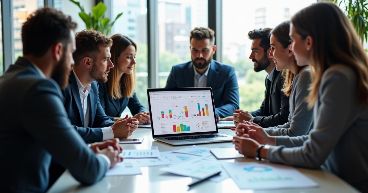 Equipe comercial reunida em escritório moderno analisando pipeline de vendas em tela de computador com gráficos e dados detalhados