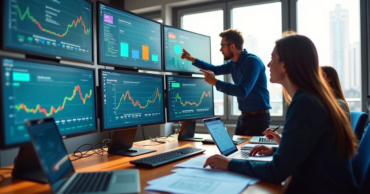 Equipe de pré-venda analisando dados de leads em um ambiente de escritório moderno com múltiplas telas mostrando dashboards de métricas e CRM