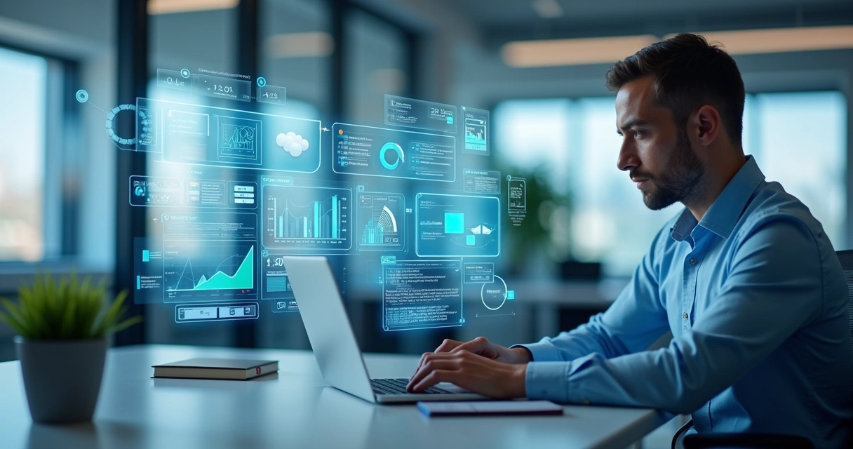 Profissional de vendas usando computador com gráficos e dados digitais ao redor, simbolizando prospecção B2B moderna e automação