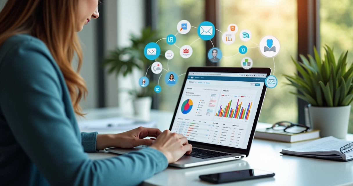 Profissional de tecnologia usando laptop para análise de dados de prospecção inbound com gráficos e listas de leads na tela