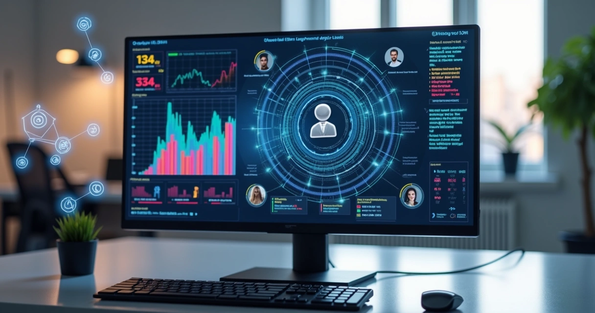 Radar digital identificando leads qualificados em tela de computador moderno com gráficos e dados detalhados