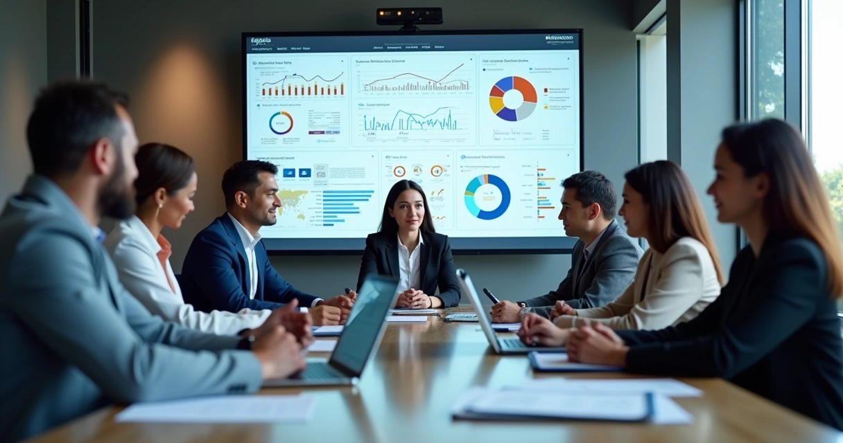Equipe de profissionais em reunião estratégica discutindo dados e gráficos de performance em ambiente corporativo moderno