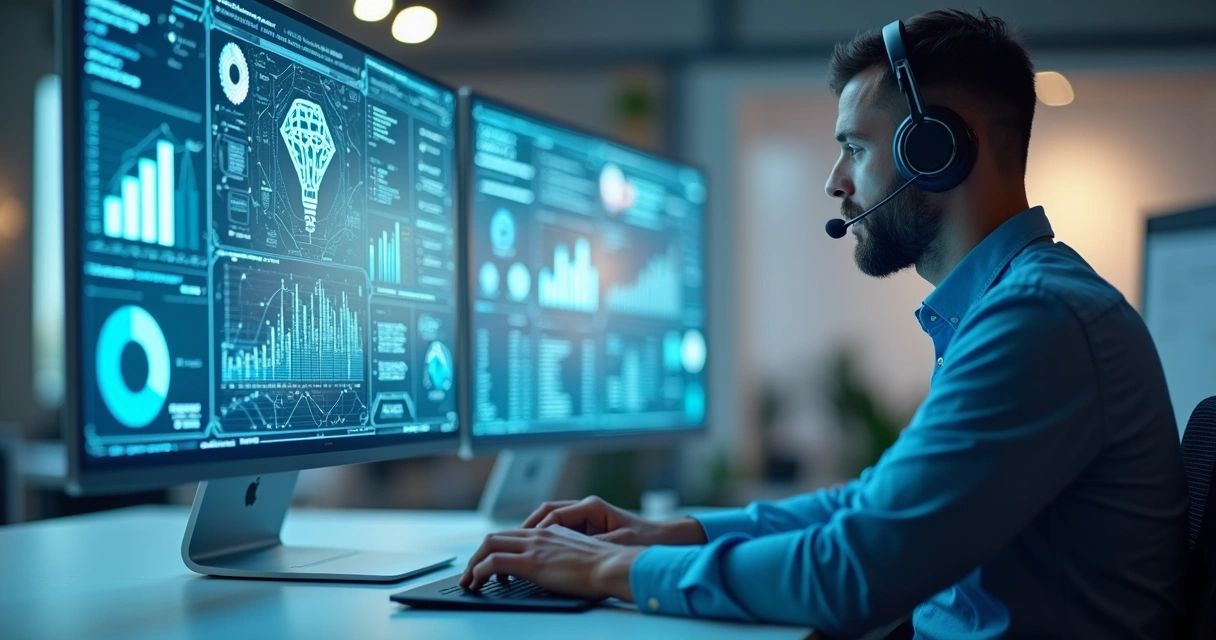 Profissional de vendas com headset interagindo com telas digitais mostrando dados e gráficos de inteligência artificial