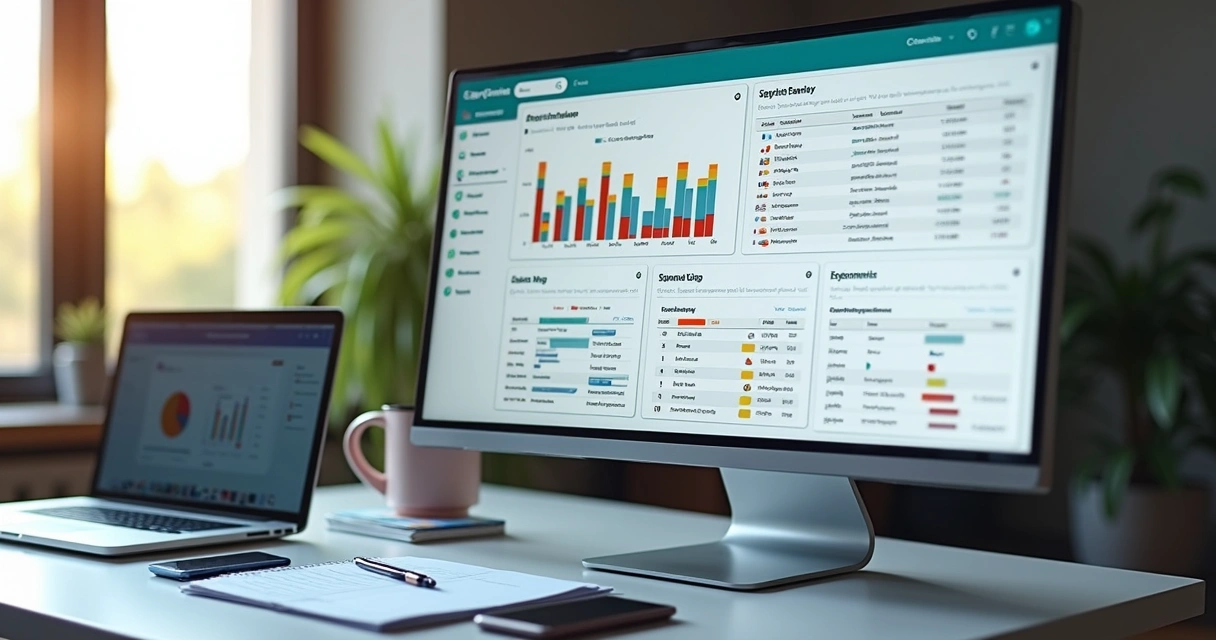 Tela de computador mostrando interface de software de prospecção B2B integrada a CRM com gráficos e listas de leads