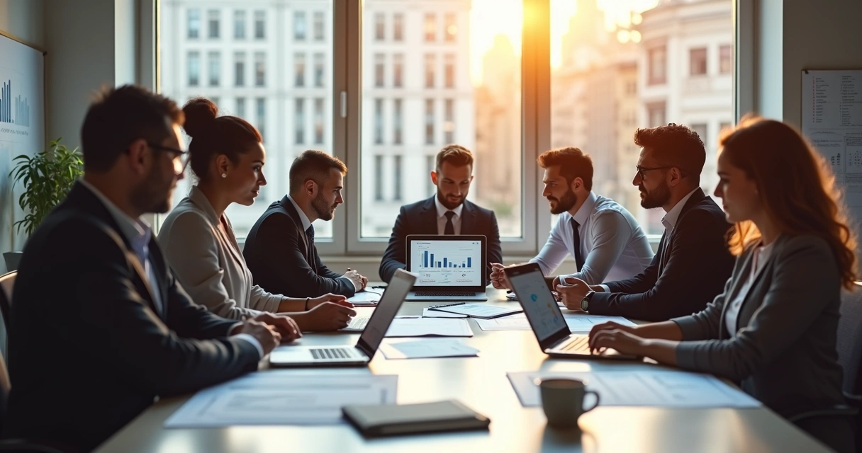 Time comercial trabalhando em reunião com laptops e documentos de prospecção B2B em ambiente de escritório moderno
