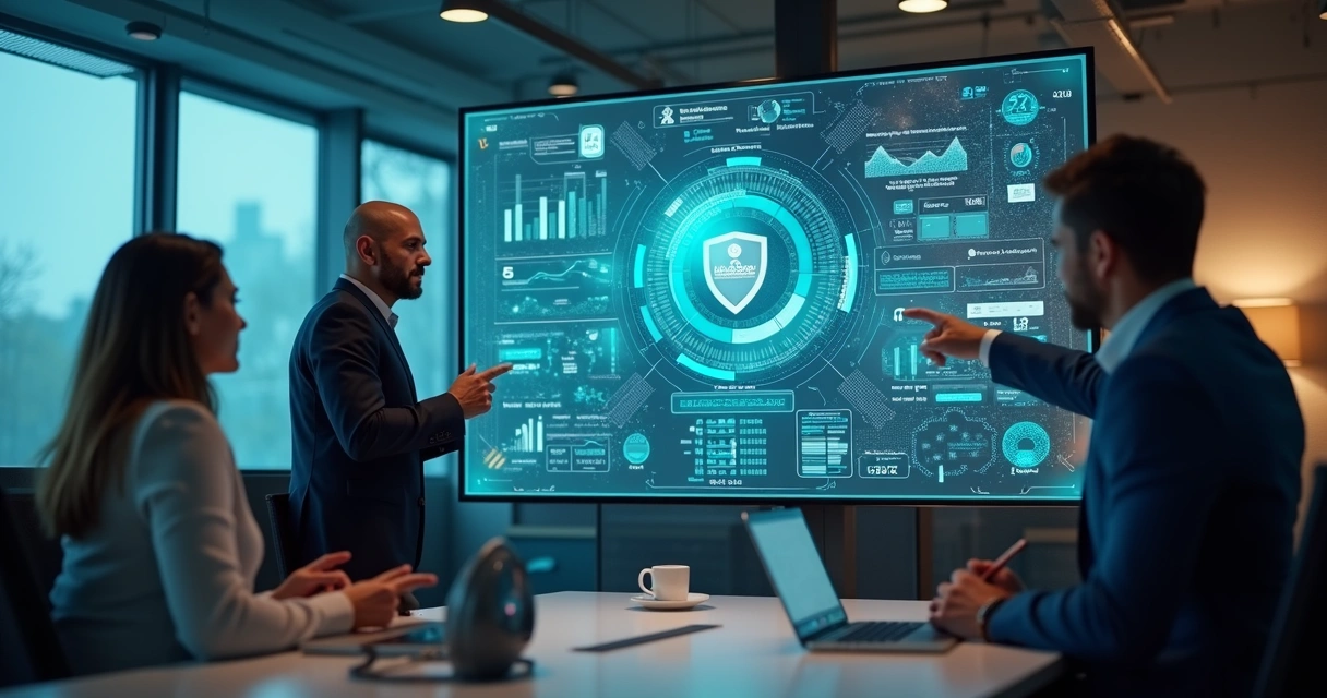 Equipe de negócios analisando dashboards de dados em tela grande com gráficos de performance e indicadores de qualidade de dados B2B