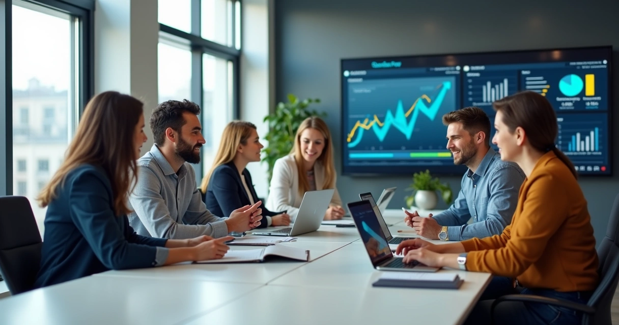 Equipe de profissionais em reunião estratégica para crescimento de times de pré-venda em educação, com notebooks e gráficos no fundo