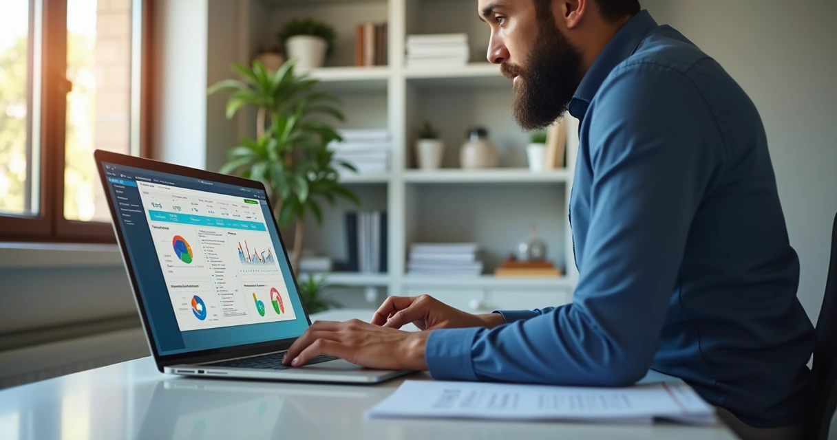 Pessoa analisando dados em um laptop com gráficos e informações empresariais na tela, em ambiente de escritório moderno