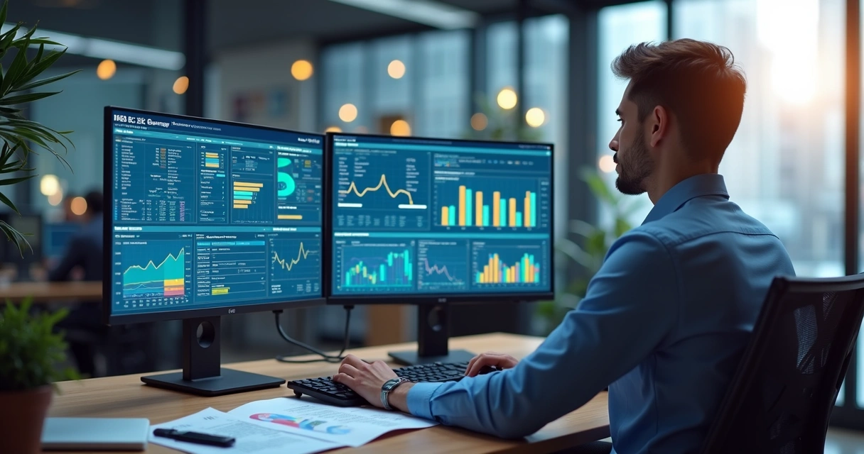 Profissional analisando dados em múltiplas telas de computador com gráficos e tabelas de leads B2B no escritório moderno