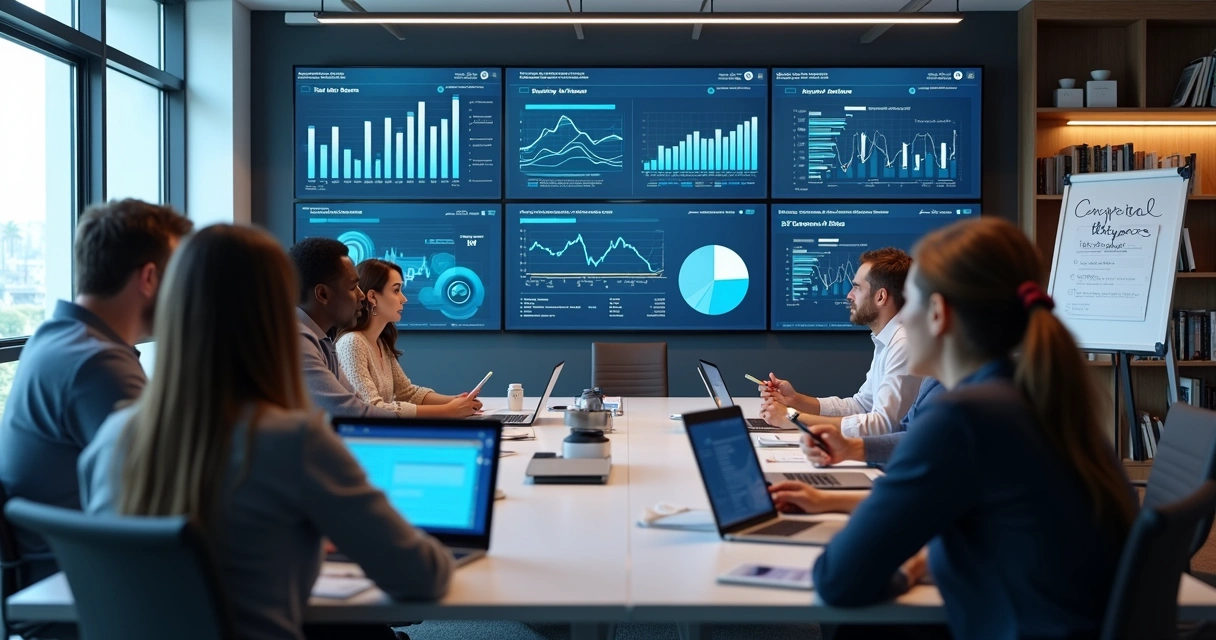 Equipe de negócios reunida em sala moderna analisando dados em telas digitais e gráficos de desempenho comercial