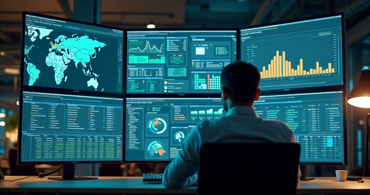 Profissional analisando dados comerciais em múltiplas telas digitais com gráficos e informações detalhadas de leads B2B