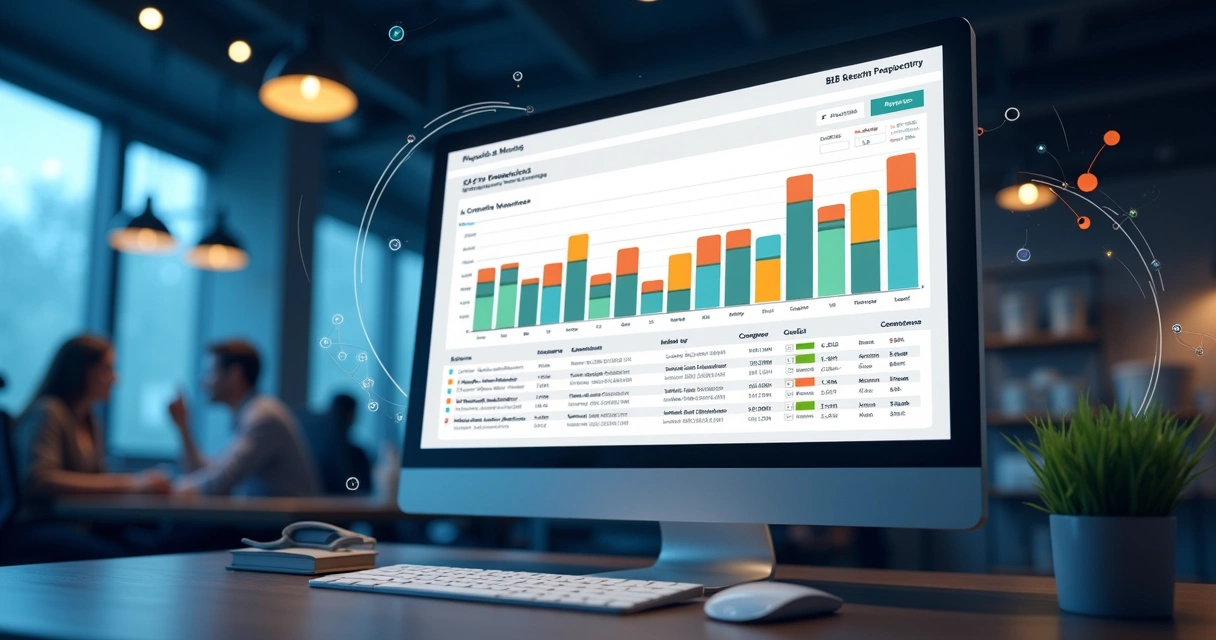 Tela de computador exibindo dashboard detalhado com dados empresariais para prospecção B2B, gráficos coloridos, filtros de mercado e contatos de decisores visíveis
