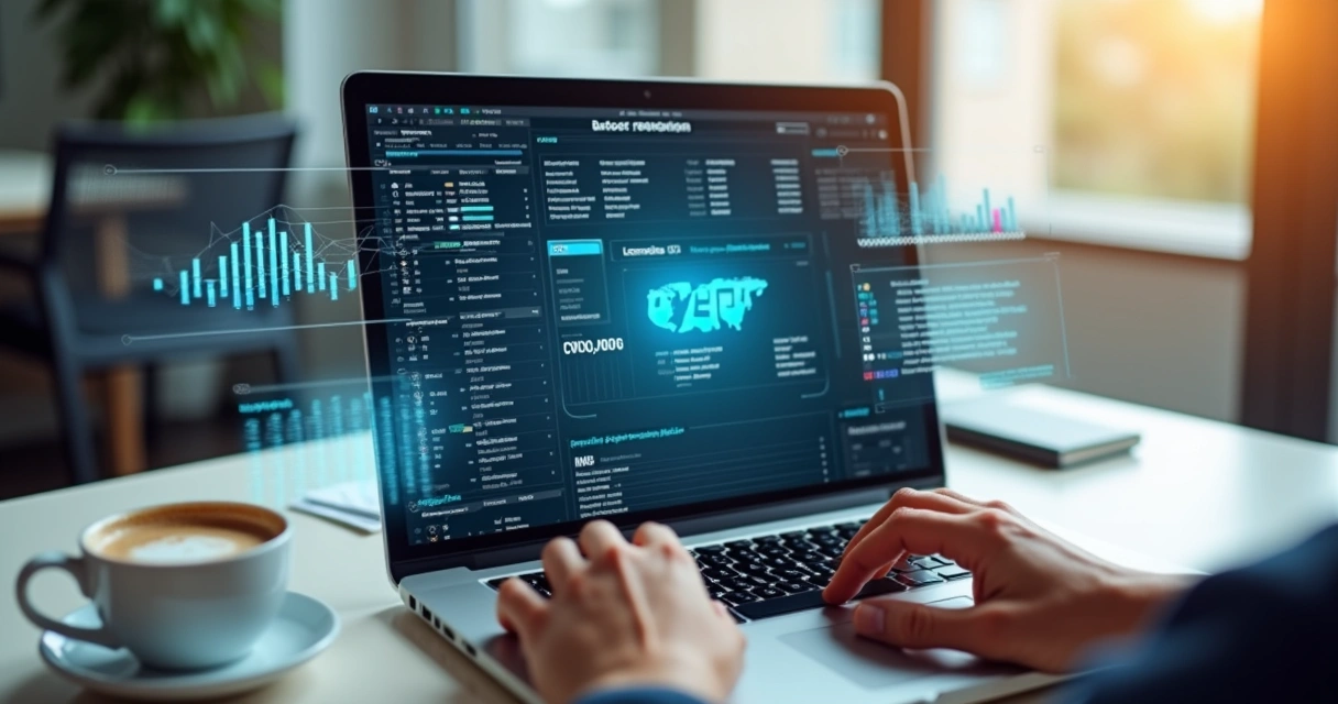 Mãos de profissional digitando informações em laptop com dados empresariais na tela e gráficos ao fundo