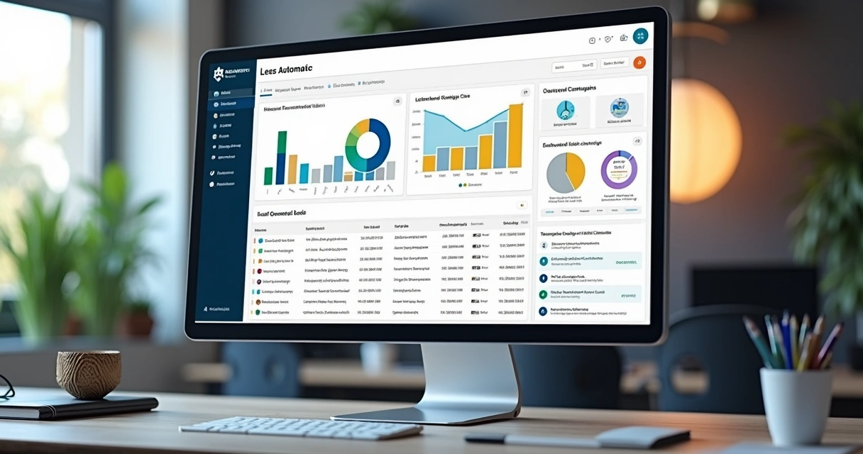 Tela de computador exibindo dashboard de automação de prospecção de leads com gráficos, listas e integrações de CRM e LinkedIn