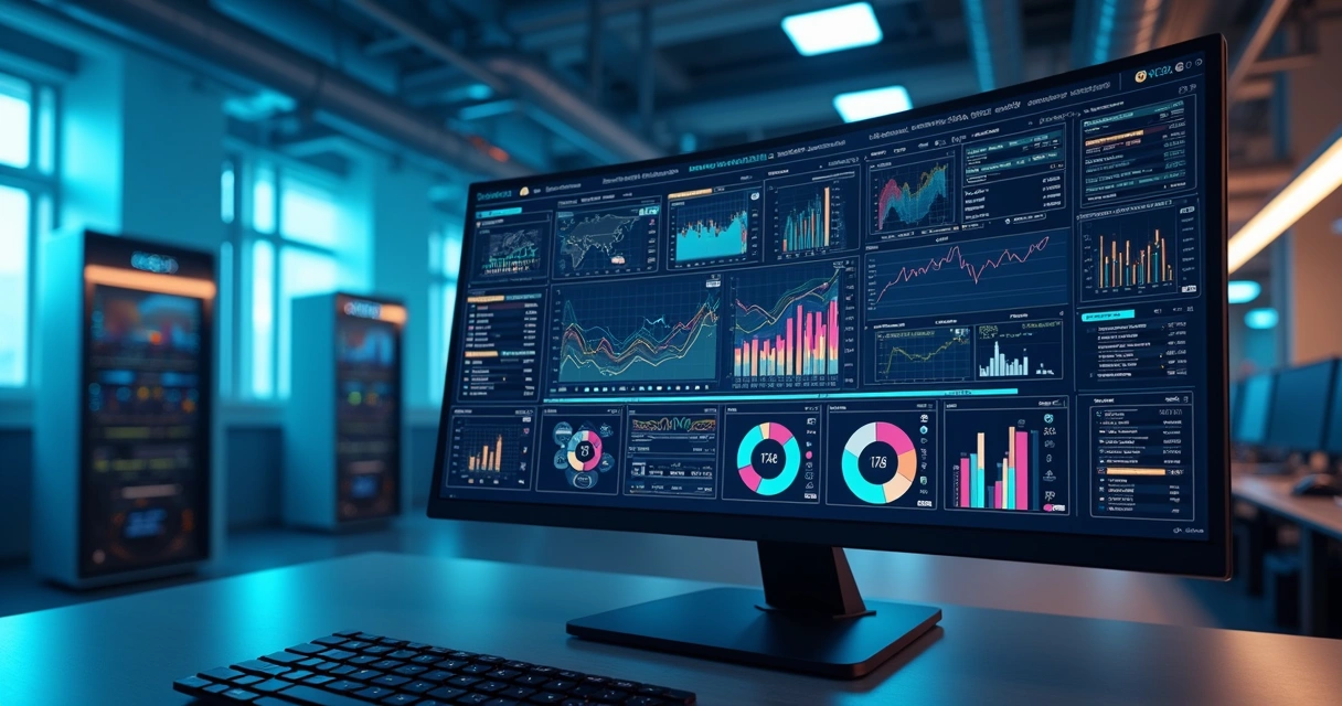 Dashboard com visualização detalhada de análise de big data mostrando gráficos, mapas e indicadores digitais coloridos