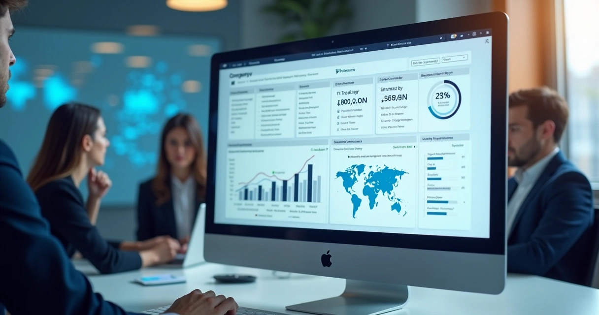 Tela de computador exibindo painel detalhado com dados cadastrais e contatos empresariais atualizados em layout moderno