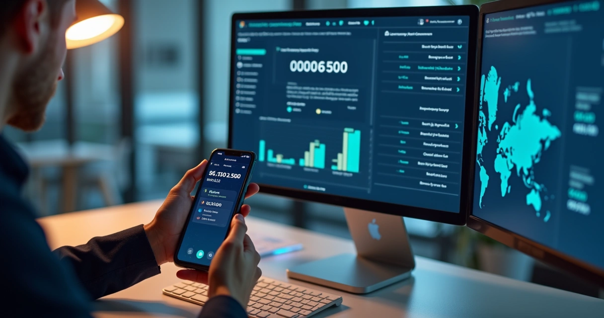 Pessoa usando computador e smartphone para buscar dados comerciais por número de telefone com tela mostrando informações empresariais