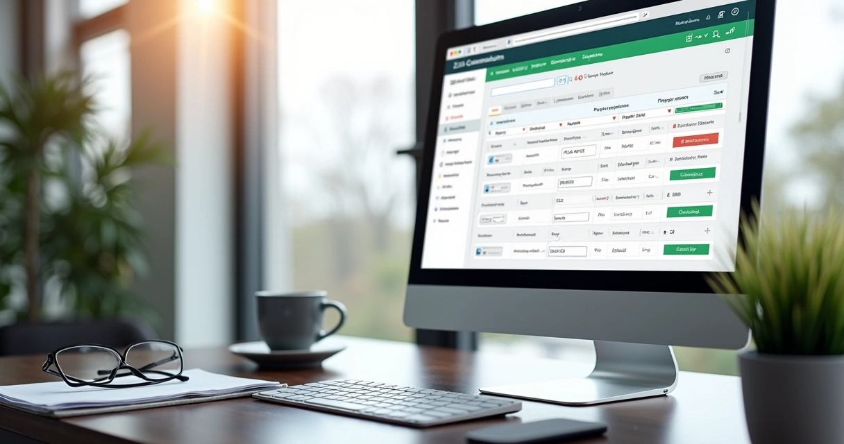 Mesa de escritório com tela de computador exibindo software de prospecção B2B com filtros de busca de telefone e dados empresariais detalhados