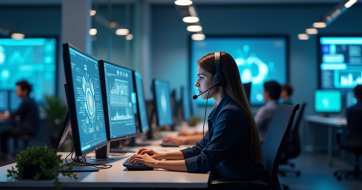 Operadores de call center em ambiente moderno com múltiplas telas exibindo dados e gráficos digitais