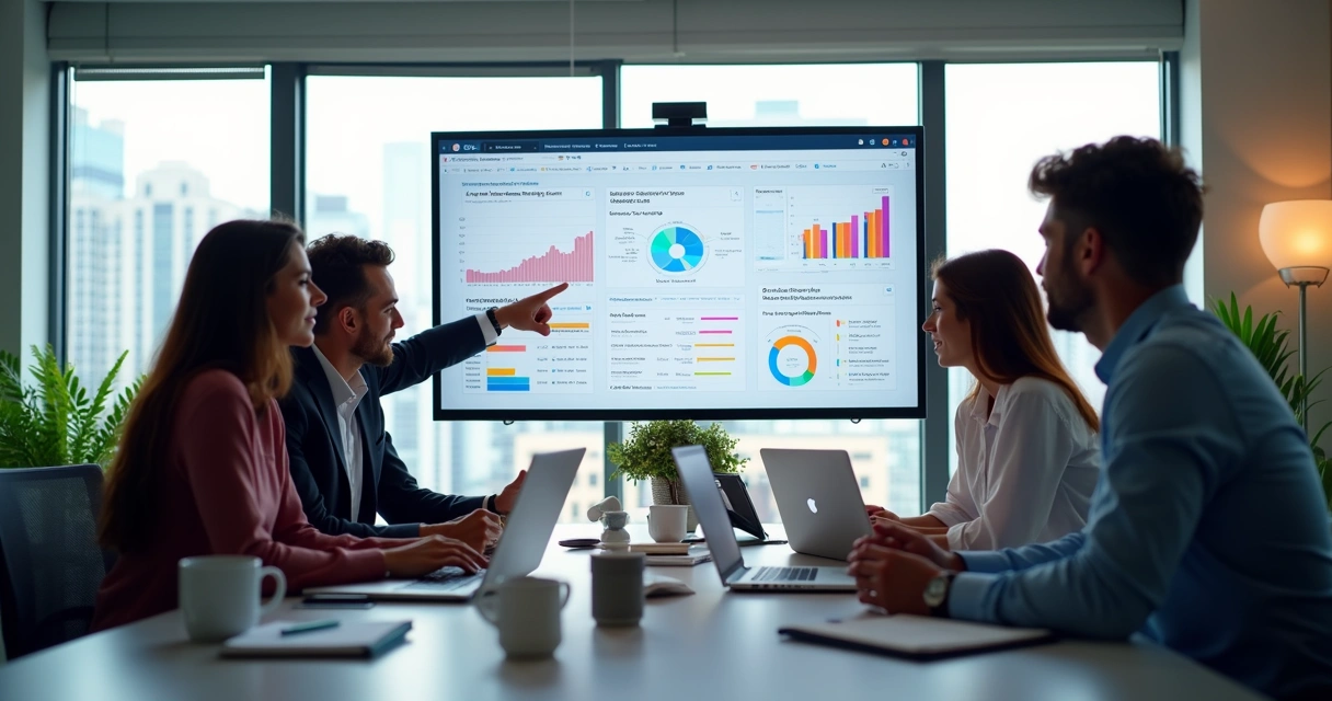 Equipe de marketing analisando dados de campanhas em tela com gráficos e listas de contatos