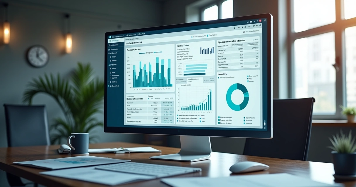 Tela de computador exibindo dashboard de análise de dados empresariais com gráficos e mapa de segmentos de mercado
