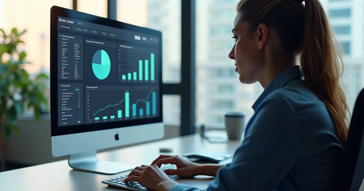 Pessoa analisando listas de leads em tela de computador com gráficos e dados ao fundo