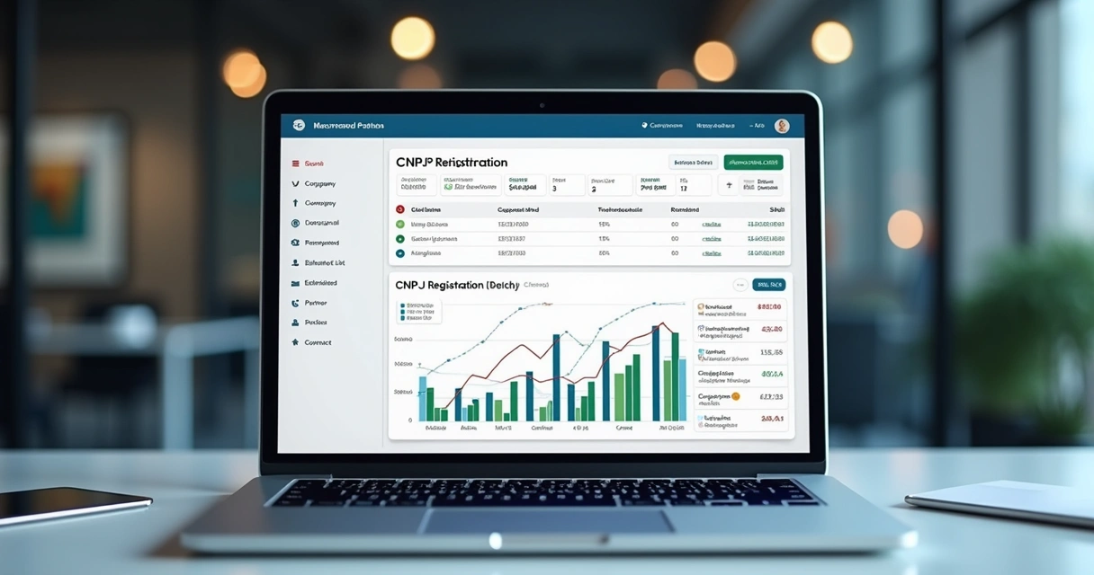Tela de computador exibindo consulta detalhada de inscrição CNPJ com dados cadastrais completos e gráficos de análise comercial