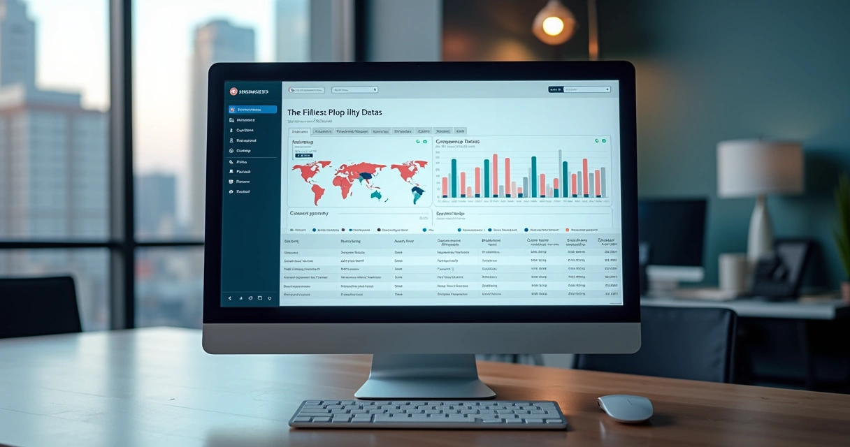 Tela de computador com dashboard de consulta de dados cadastrais de empresas, gráficos, filtros e listas de contatos em ambiente de escritório moderno