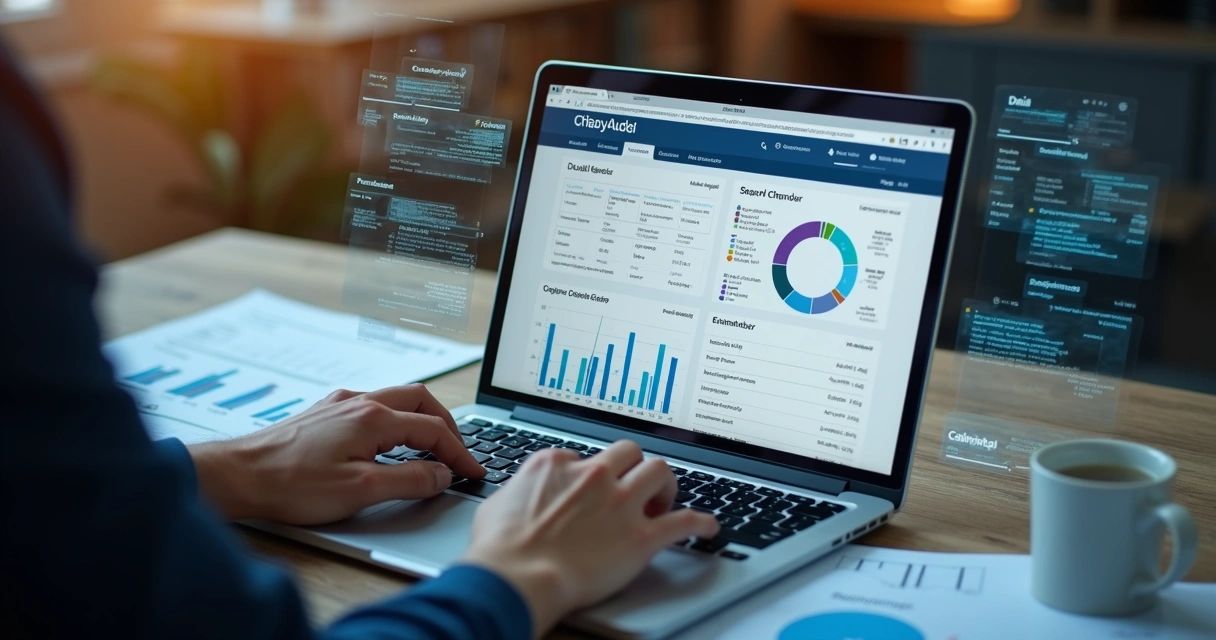 Pessoa analisando dados cadastrais em laptop com gráficos e documentos ao redor