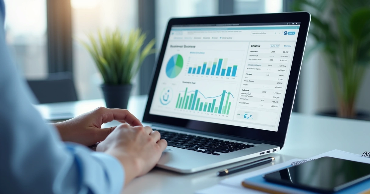 Pessoa consultando dados cadastrais pelo CPF em computador com gráficos e relatórios na tela