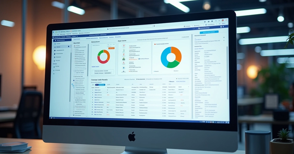 Tela de computador exibindo painel digital com dados cadastrais de empresas, listas de contatos e filtros para segmentação de leads