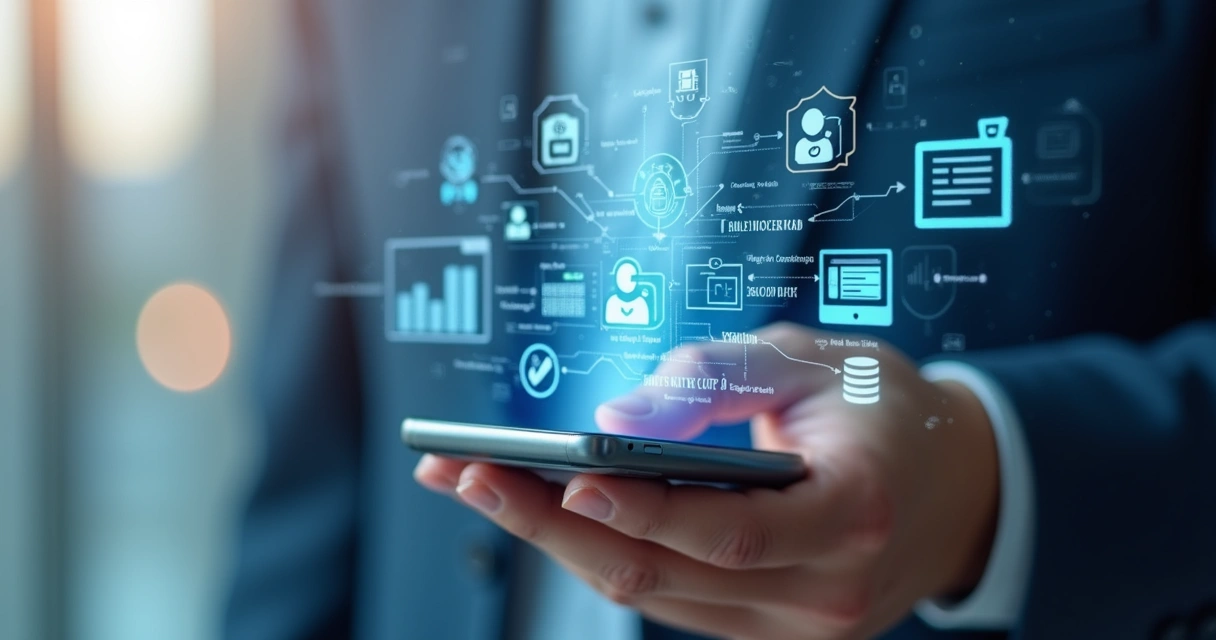 Pessoa usando celular com tela exibindo dados de contato e gráficos digitais ao fundo