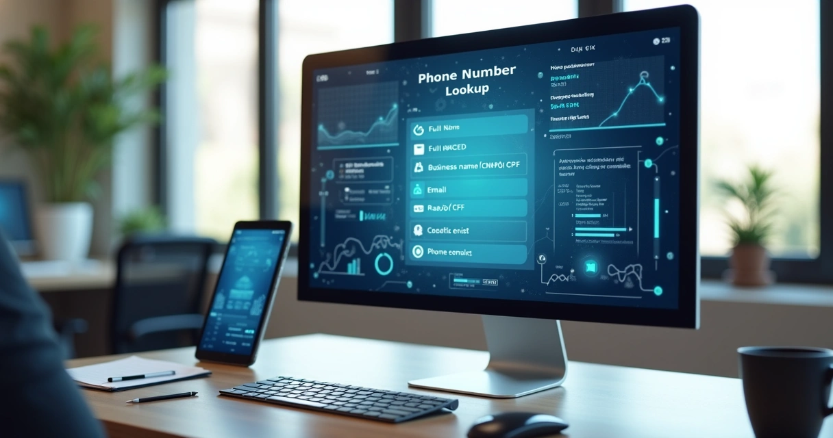 Tela de computador mostrando uma consulta detalhada de telefone com dados cadastrais completos, incluindo nome, razão social, e-mail e documentos
