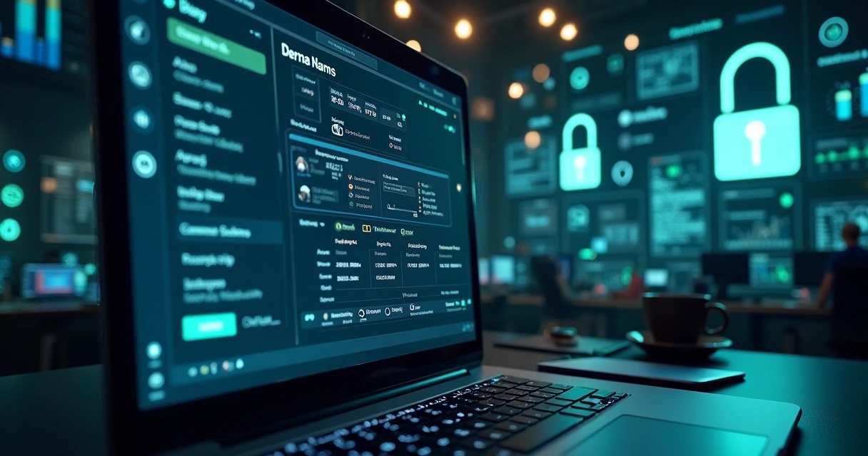Computador exibindo painel digital com dados cadastrais de CPF em fundo escuro tecnológico, gráficos e ícones de segurança e análise de dados
