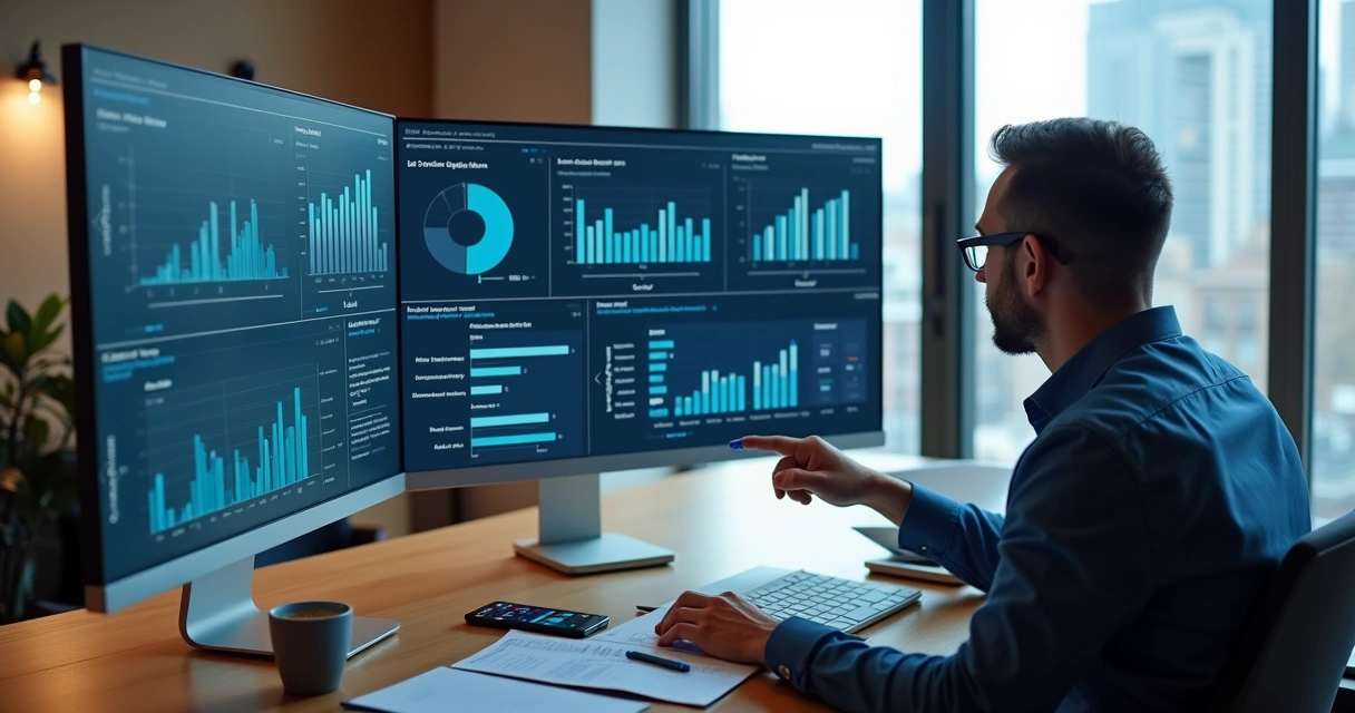 Consultor de vendas analisando dados e gráficos em múltiplas telas de computador