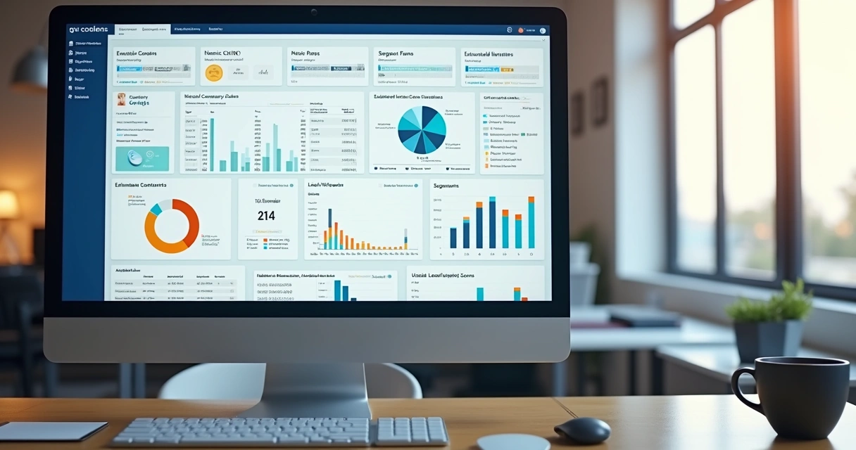 Tela detalhada de uma plataforma digital mostrando painel com dados empresariais, gráficos de leads e listas segmentadas