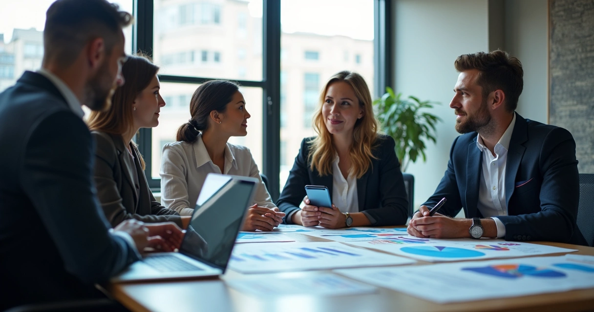 Equipe de profissionais analisando gráficos de vendas e dados digitais em laptop e tablets