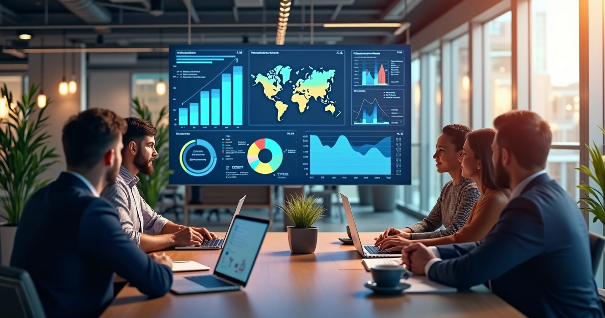 Equipe de vendas analisando dados em telas digitais em escritório moderno