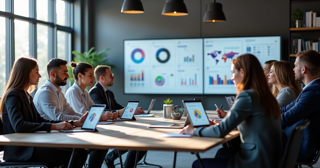 Equipe de vendas corporativa reunida em escritório moderno com computadores e gráficos de desempenho nas telas