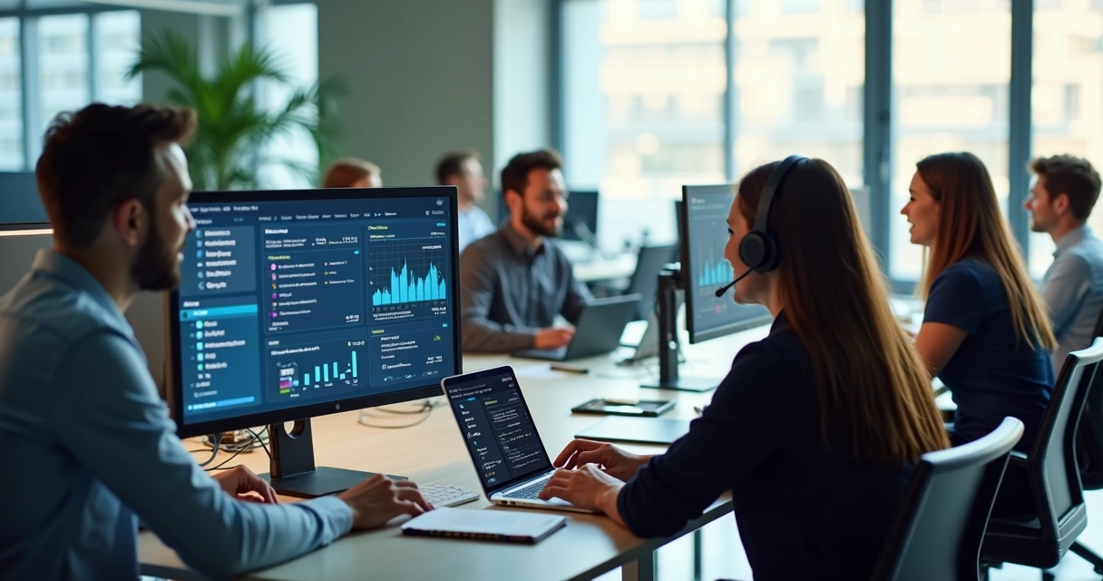 Equipe de vendas em escritório moderno realizando prospecção outbound com computadores e gráficos de desempenho na tela