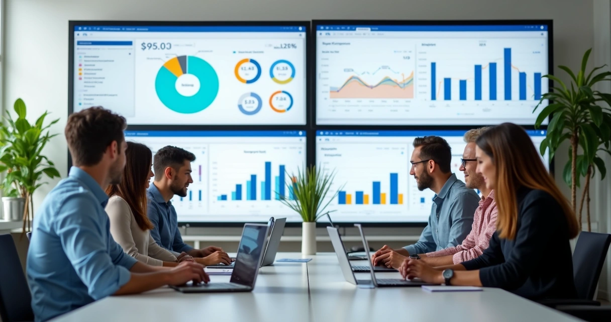Equipe comercial reunida em escritório moderno com computadores exibindo dashboards de vendas e gráficos de desempenho digital