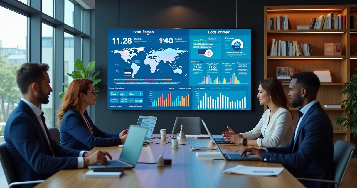 Profissionais discutindo geração e qualificação de leads em ambiente corporativo moderno com telas digitais mostrando gráficos e dados de marketing
