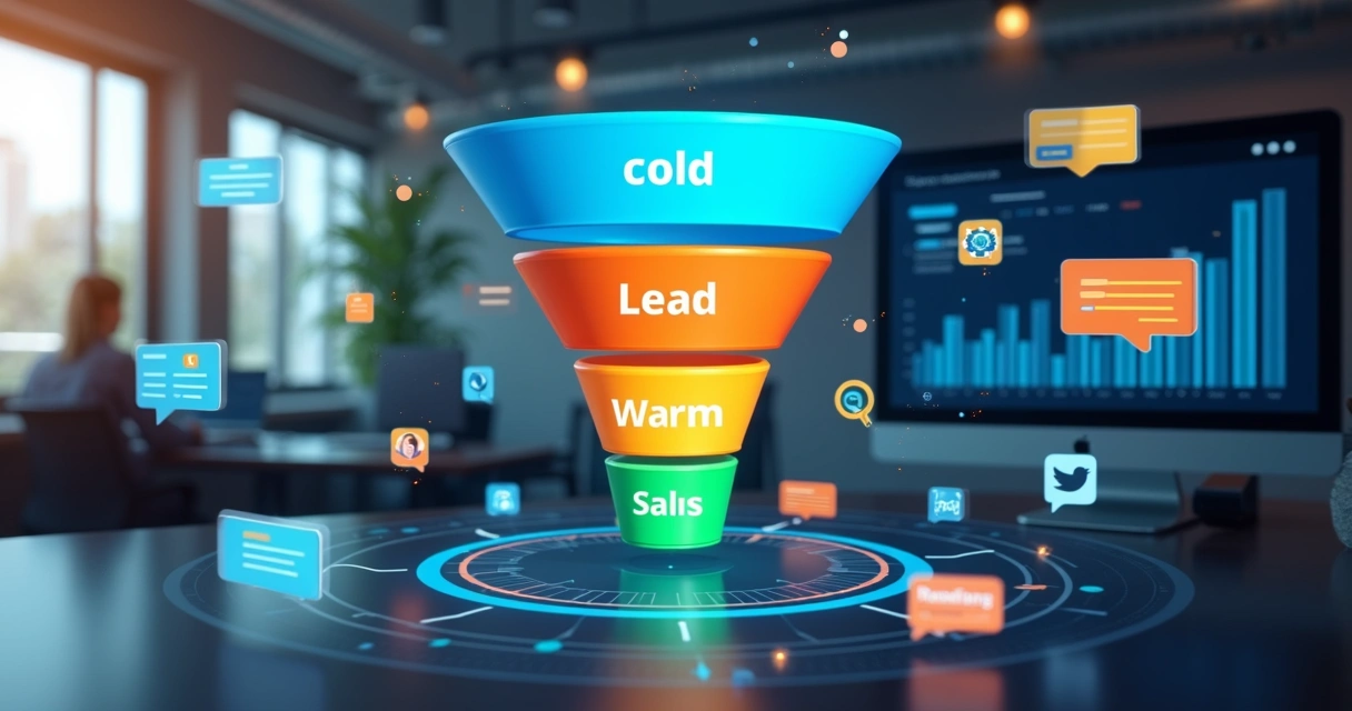 Representação visual de etapas do funil de vendas com ícones de leads frios, quentes e qualificados em gráfico colorido
