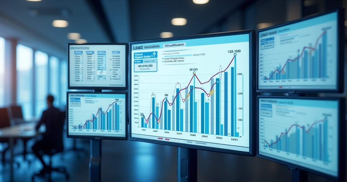 Painel digital com gráficos de vendas e interface de sistema de geração de leads qualificados para automação B2B