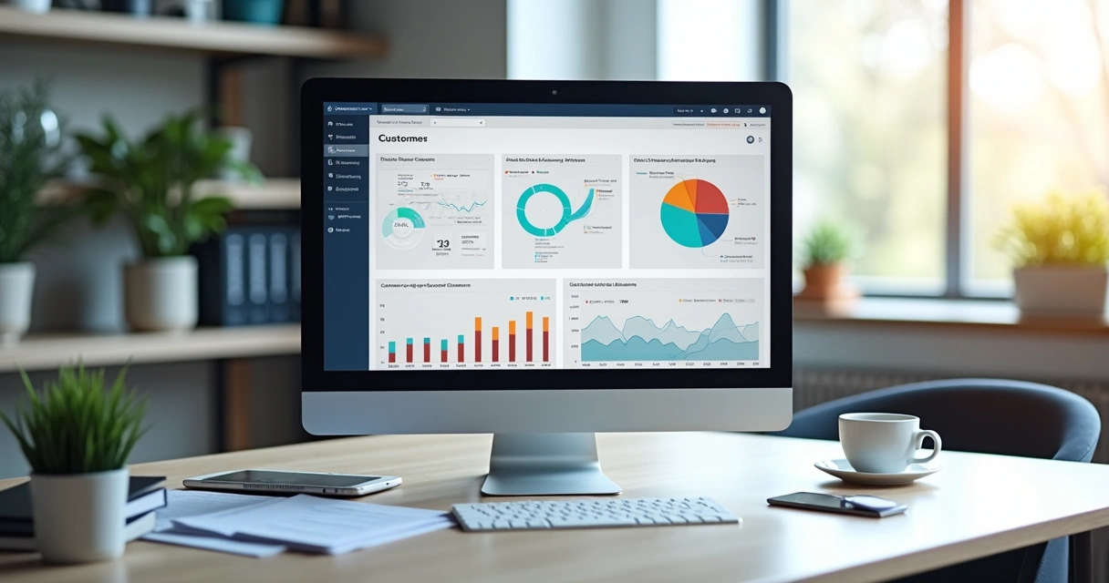 Tela de computador exibindo dashboard com gestão de base de clientes, gráficos e dados organizados