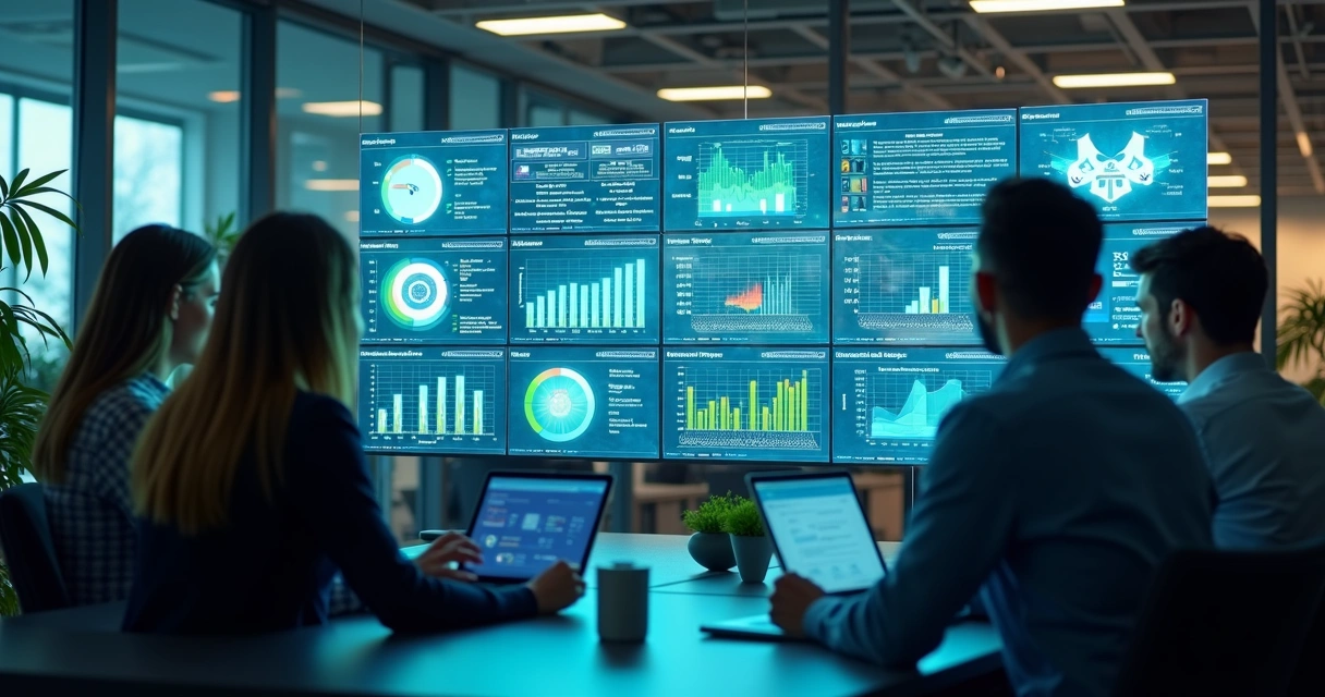 Profissionais analisando gráficos e dados em múltiplas telas digitais em ambiente corporativo moderno