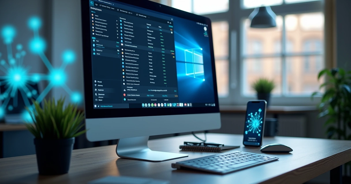 Computador exibindo painel de plataforma SaaS de inteligência comercial com dados de contatos e telefones empresariais